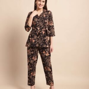 Women's Pure Cotton Printed Collared Top and Pant Co-ord Set (Black)