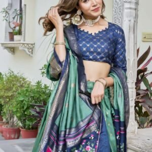 Olive Green Tussar Silk Lehenga Choli with Navy Blue Blouse | Minakari & Foil Print | Wedding & Festive Wear
