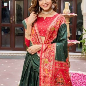 Dark Green Dola Silk Lehenga Choli with Red Blouse | Bandhej & Ajarakh Print | Wedding & Festive Wear