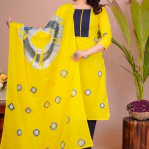 Women's Yellow & Navy Cotton Tie-Dye Straight Kurti with Pant & Dupatta Set
