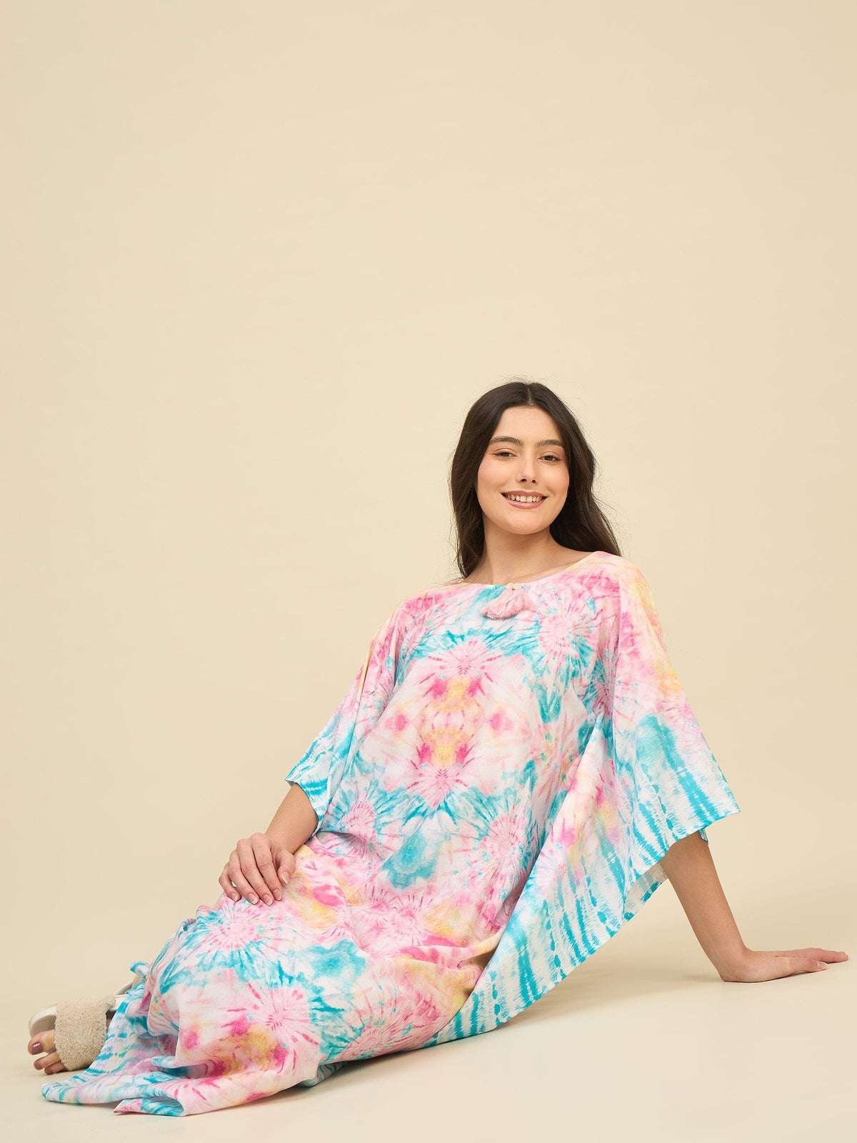 Women's Cotton Tie Dye Print Flowing Bell Sleeves Full Length Kaftan Drees Casual Beach Wear ( Multicolor1 ) - Image 2