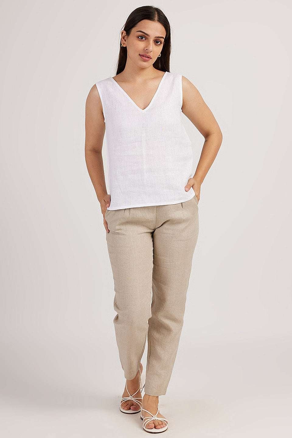 Women's Cotton Solid V Neck Sleeveless 2 Piece Outfit Loose Tank Top and Wide Leg Palazzo Pants Sets cord set ( White Beige )
