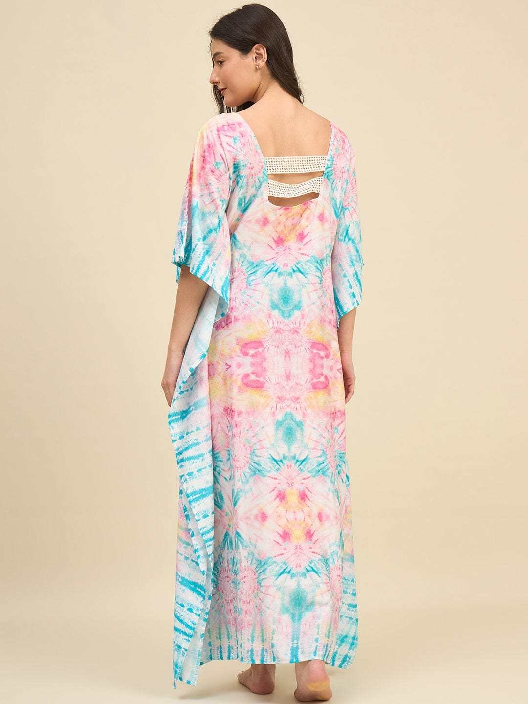 Women's Cotton Tie Dye Print Flowing Bell Sleeves Full Length Kaftan Drees Casual Beach Wear ( Multicolor1 ) - Image 5