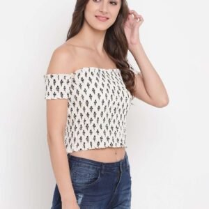 Women's Rayon Printed Off-Shoulder Smocked Crop Top Short Sleeve Casual Styles Tank Top (FREE SIZE) Multi36