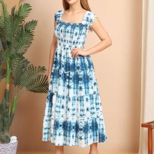 Women's Viscos Rayon Printed Off Shoulder Midi Dress For Summer And Casual Wear (Blue Td)