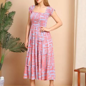 Women's Viscos Rayon Printed Off Shoulder Midi Dress For Summer And Casual Wear (Multti Color2)
