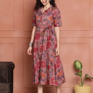 Women's Cotton Printed A-Line Midi Dress | Short Sleeve Flared Gown Dress (Pink)