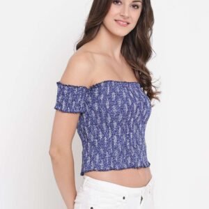Women's Rayon Printed Off-Shoulder Smocked Crop Top Short Sleeve Casual Styles Tank Top (FREE SIZE) Multi44
