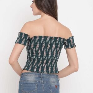 Women's Rayon Printed Off-Shoulder Smocked Crop Top Short Sleeve Casual Styles Tank Top (FREE SIZE) Multi37