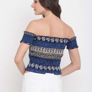 Women's Rayon Printed Off-Shoulder Smocked Crop Top Short Sleeve Casual Styles Tank Top (FREE SIZE) Multi1