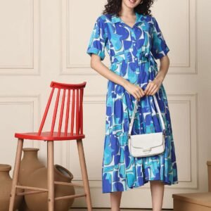 Women's Cotton Printed A-Line Midi Dress | Short Sleeve Flared Gown Dress (Navy Blue)
