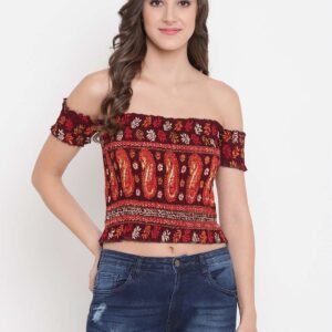 Women's Rayon Printed Off-Shoulder Smocked Crop Top Short Sleeve Casual Styles Tank Top (FREE SIZE) Multi2